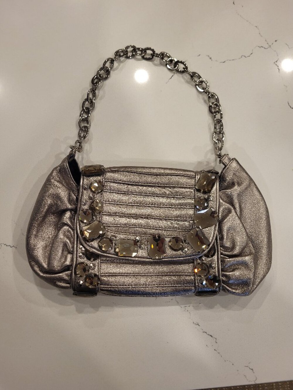 Pewter leather jeweled clutch with metal chain strap